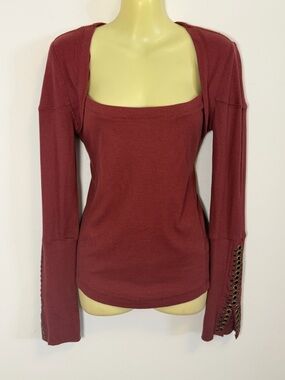 Free People Square-Neck Long Sleeve Top with Grommet Detail - Burgundy